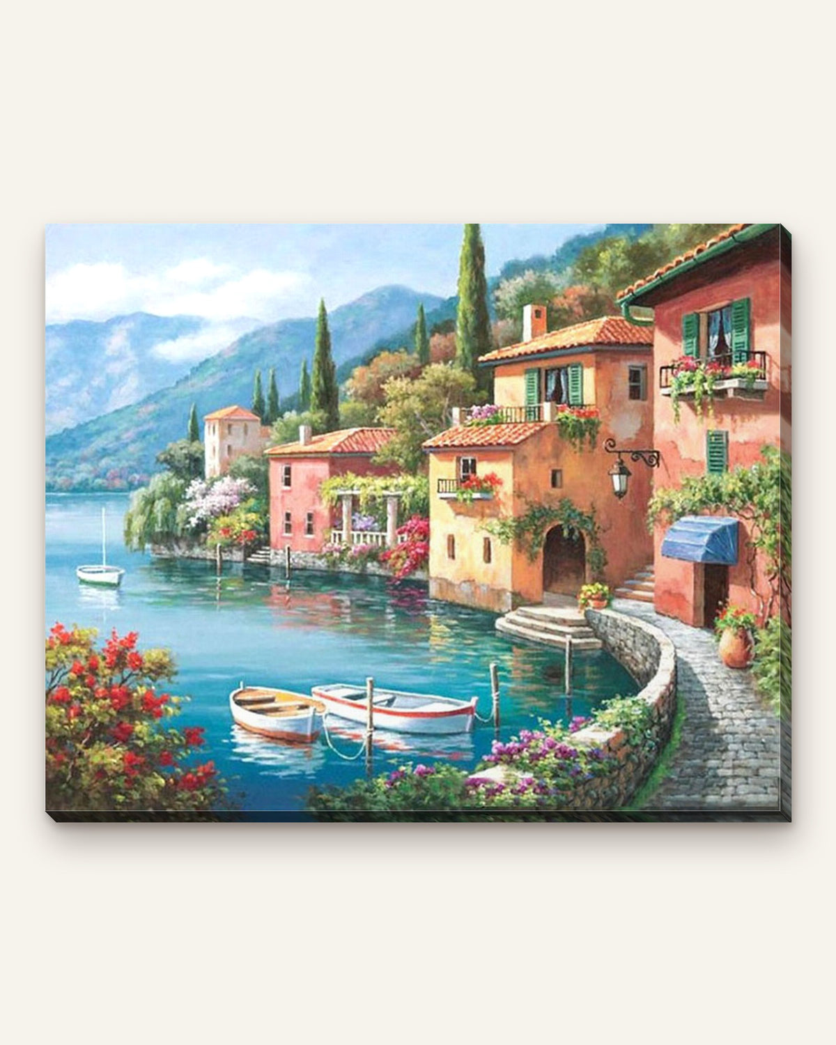 Lakeside Village paint by numbers kit, finished canvas