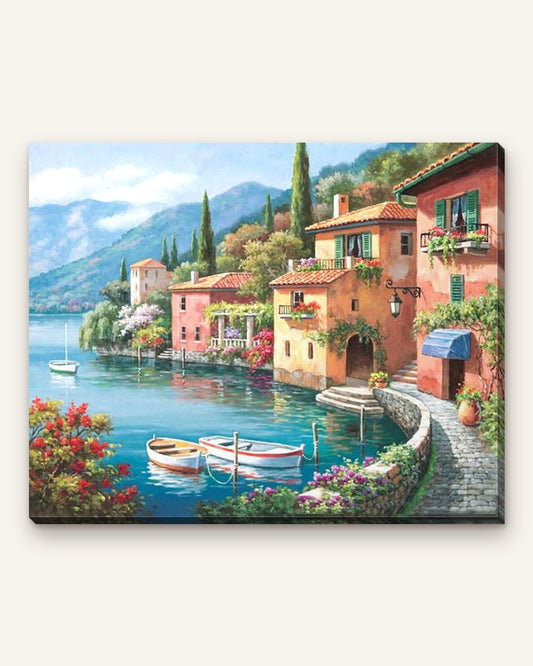 Lakeside Village paint by numbers kit, finished canvas