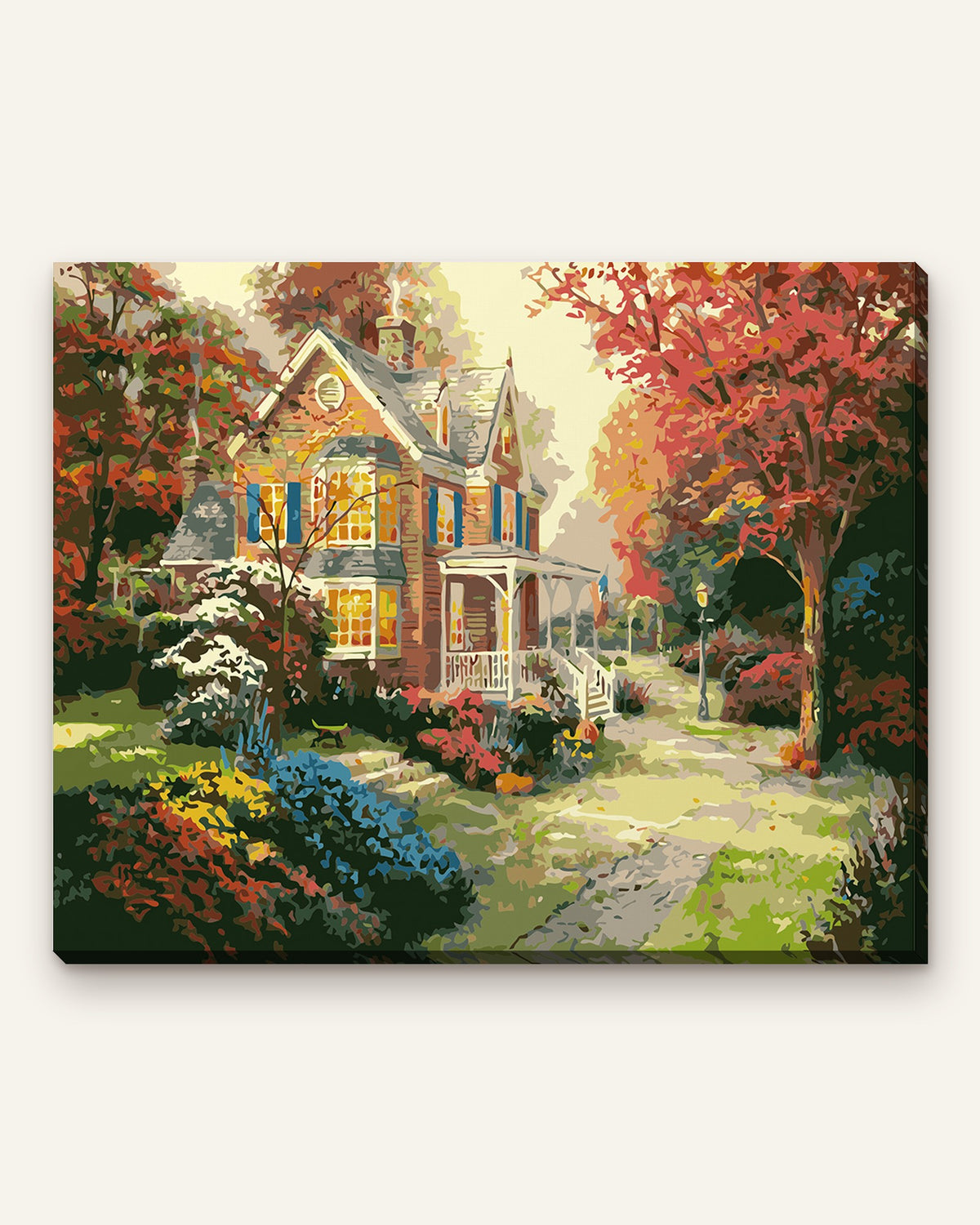 Autumn Cottage paint by numbers kit, finished canvas