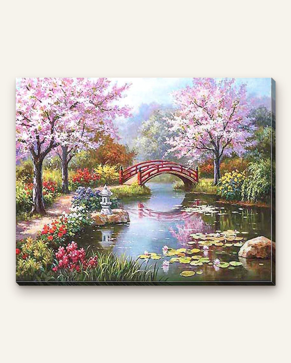 Cherry Blossom Bridge paint by numbers kit, finished canvas