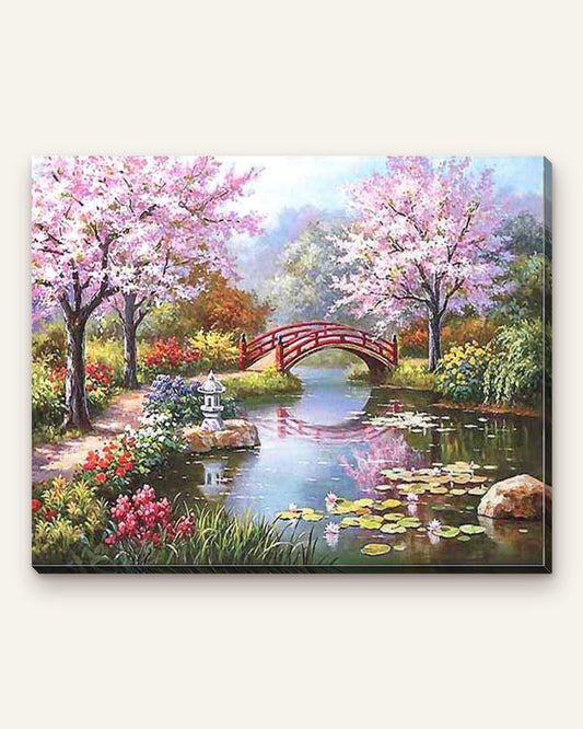 Cherry Blossom Bridge paint by numbers kit, finished canvas