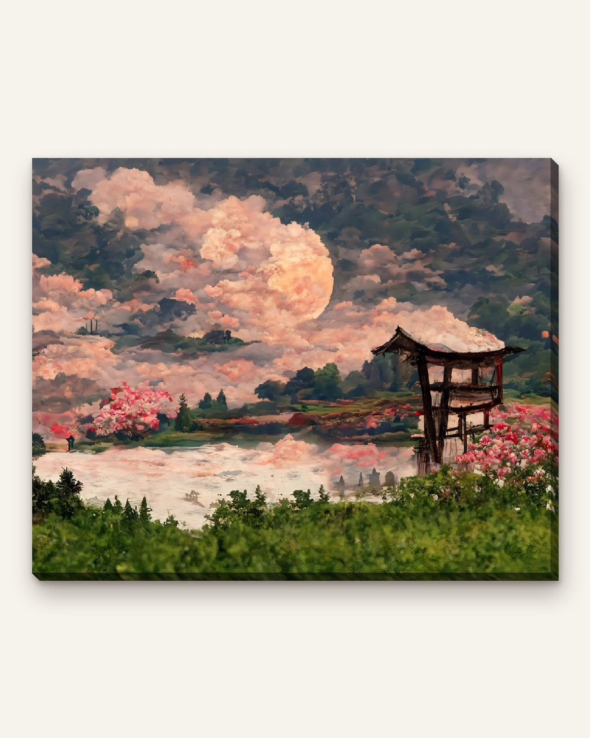 Pink Moon Lake paint by numbers kit, finished canvas