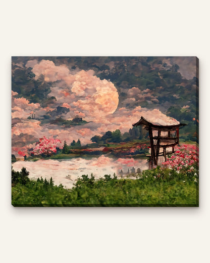 Pink Moon Lake paint by numbers kit, finished canvas