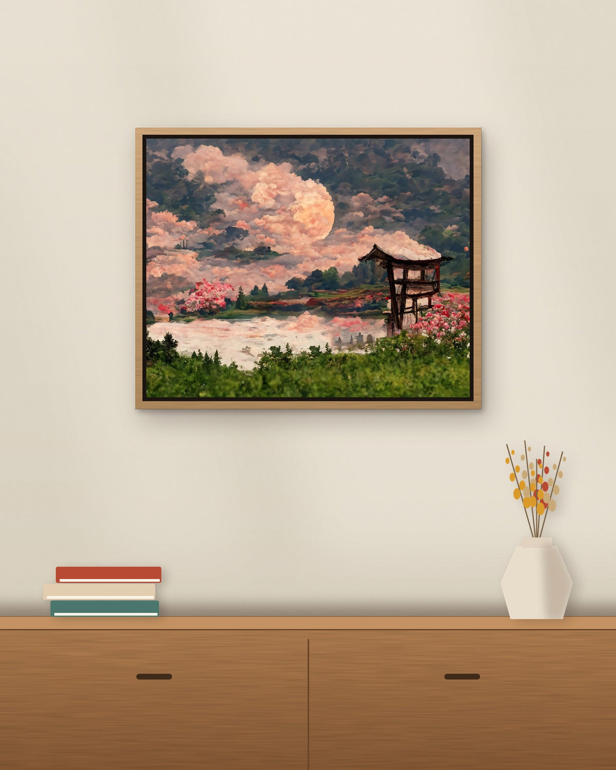 Pink Moon Lake framed on a wall