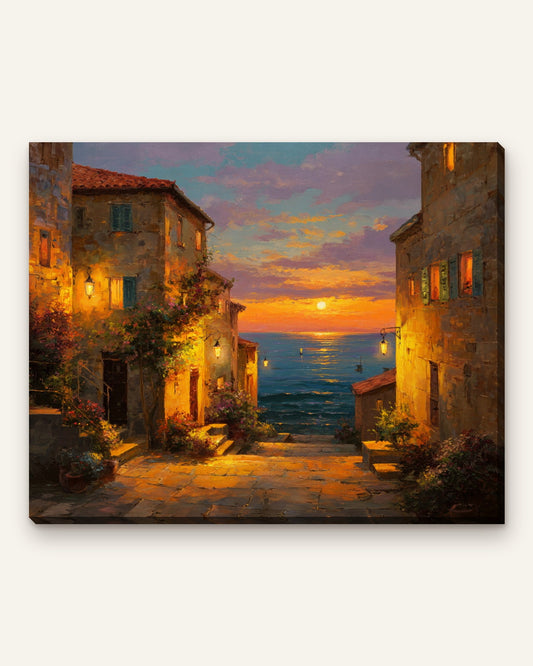 Sunset Alley paint by numbers kit, finished canvas