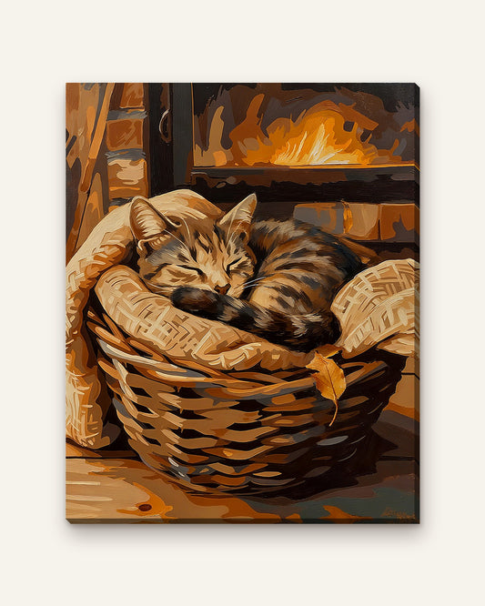 Fireside Nap paint by numbers kit, finished canvas