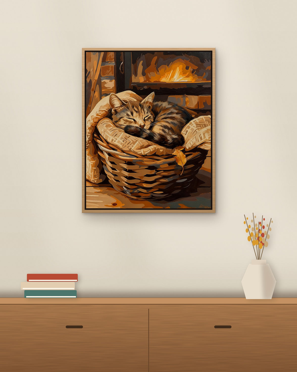 Fireside Nap framed on a wall