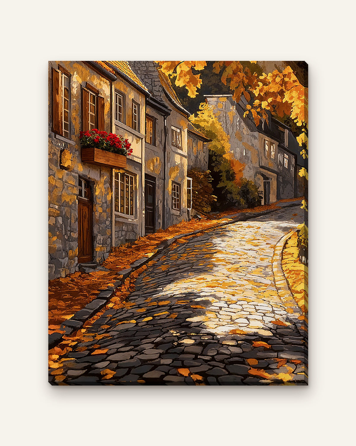 Autumn Cobblestones paint by numbers kit, finished canvas