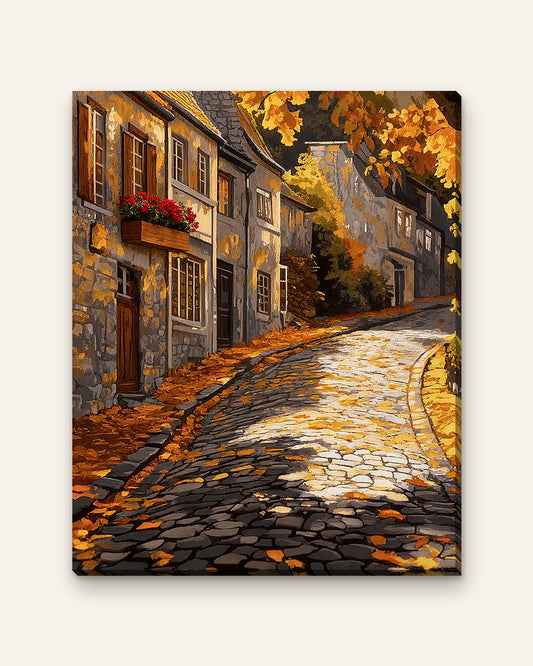 Autumn Cobblestones paint by numbers kit, finished canvas