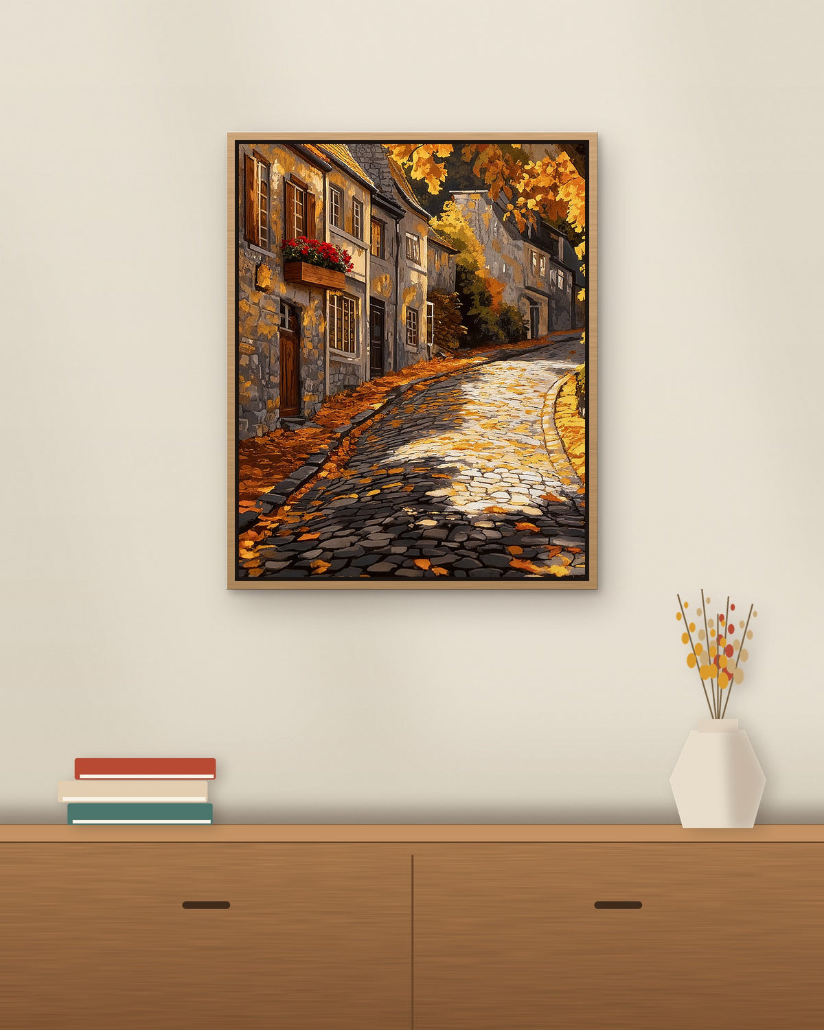 Autumn Cobblestones framed on a wall