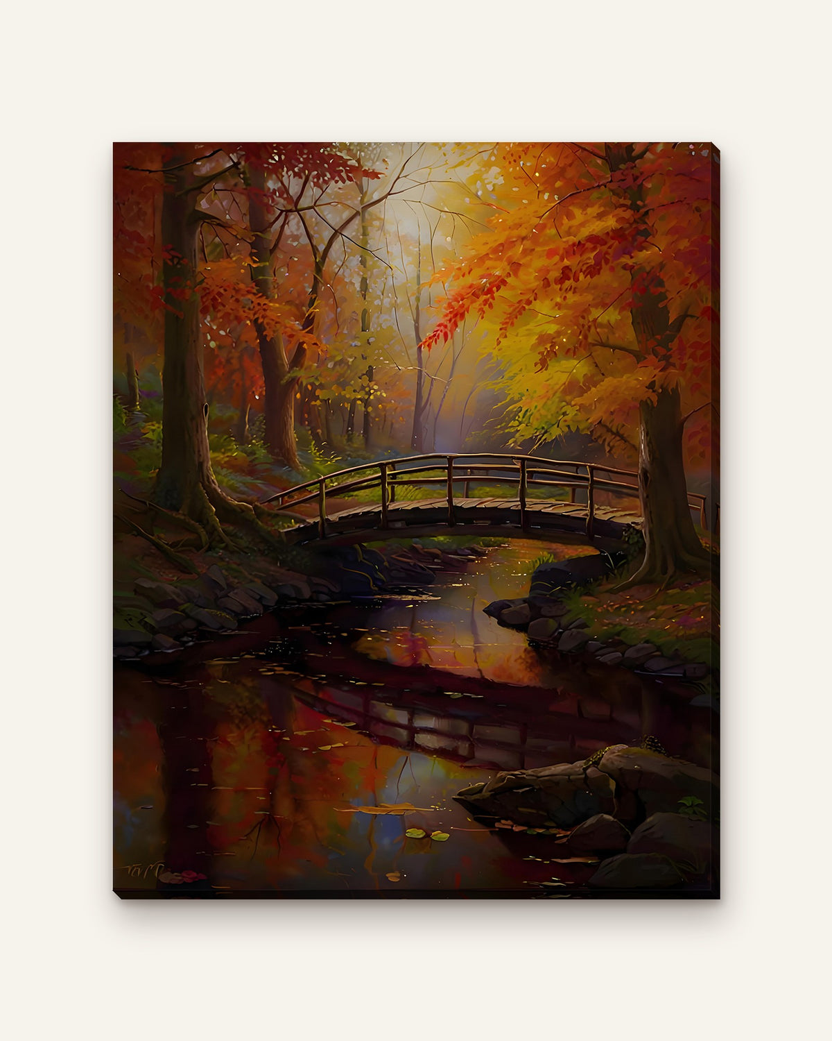 Autumn Forest Bridge paint by numbers kit, finished canvas