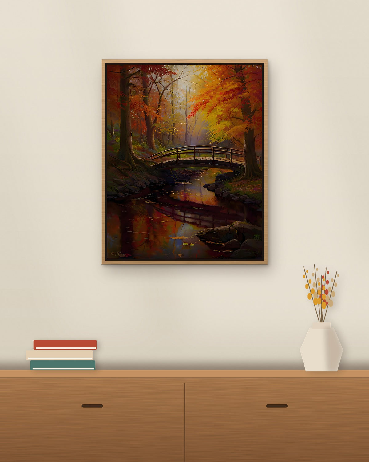 Autumn Forest Bridge framed on a wall