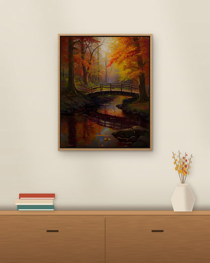 Autumn Forest Bridge framed on a wall