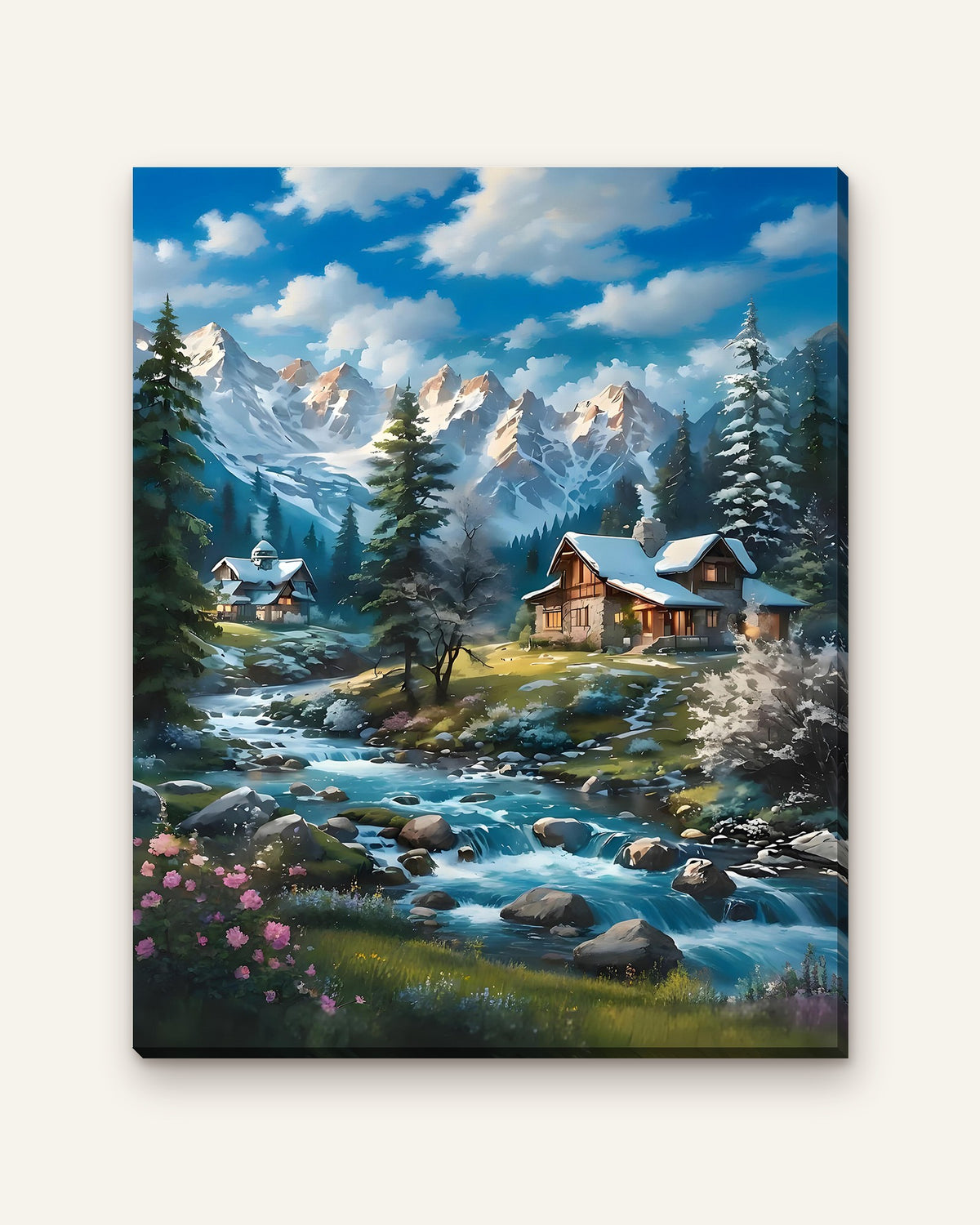 Mountain Cabin Stream paint by numbers kit, finished canvas