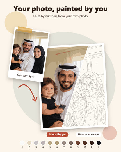 A family photo turned into a paint by numbers canvas, half painted and half numbered
