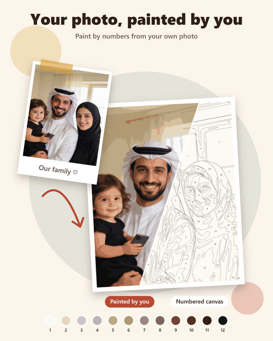 A family photo turned into a paint by numbers canvas, half painted and half numbered